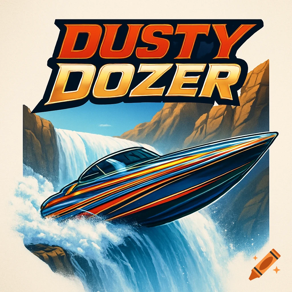 A sporty blue and orange speed boat jumps over a waterfall, with 'DUSTY DOZER' text above.