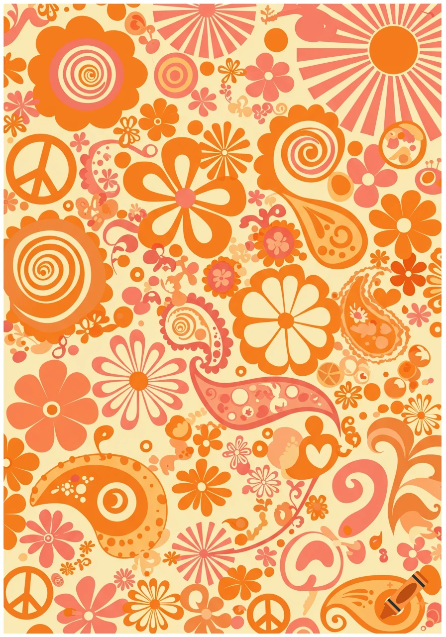 A vibrant 1960s flower power pattern featuring orange and pink flowers, peace signs, and paisley shapes on a cream background.