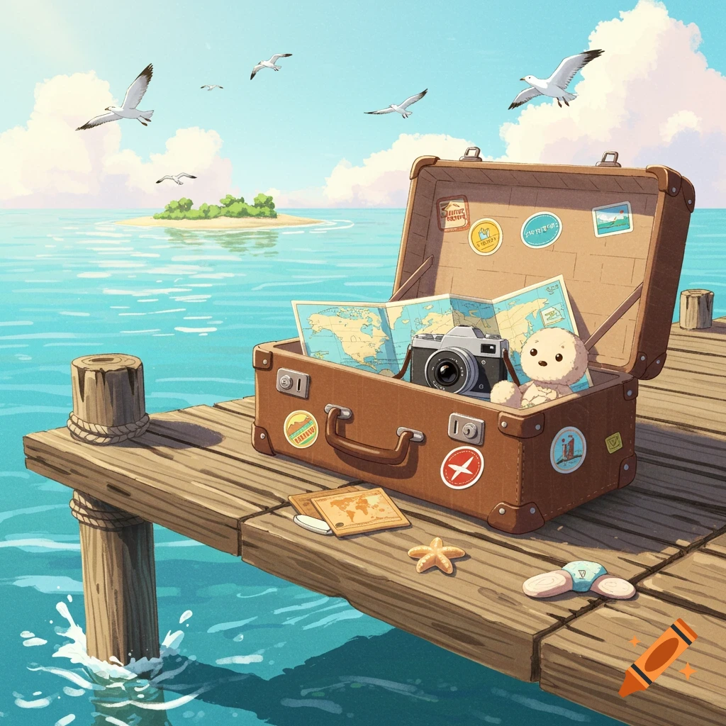 Cartoon illustration of an open suitcase filled with travel items on a wooden pier over blue water with seagulls flying.