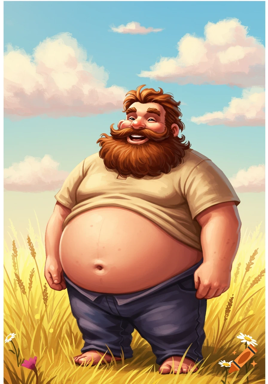 Cartoon illustration of a smiling, bearded, overweight man with his belly exposed, standing in a field under a cloudy sky.