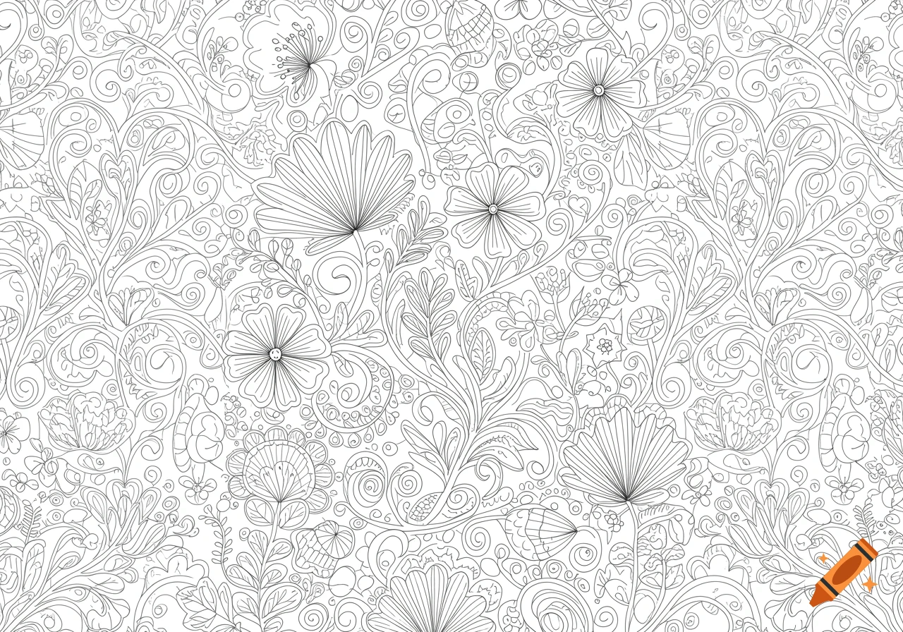 Intricate black and white line art pattern of various flowers and swirling leaves, designed as a coloring page.