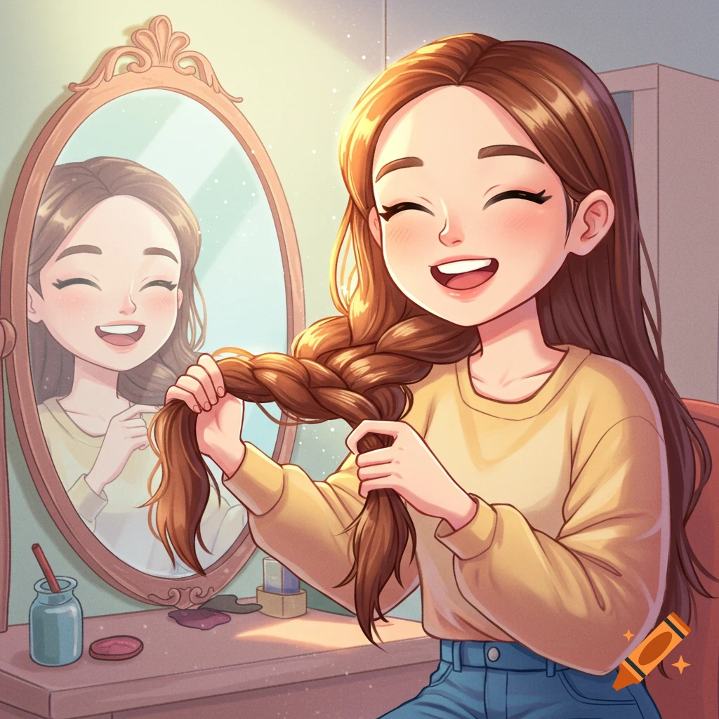 A vibrant cartoon girl with long brown hair braids her hair while smiling in front of a mirror.