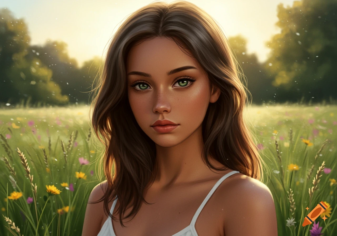 A close-up digital portrait of a teenage girl with green eyes and brown hair, in a sunny field of wildflowers.