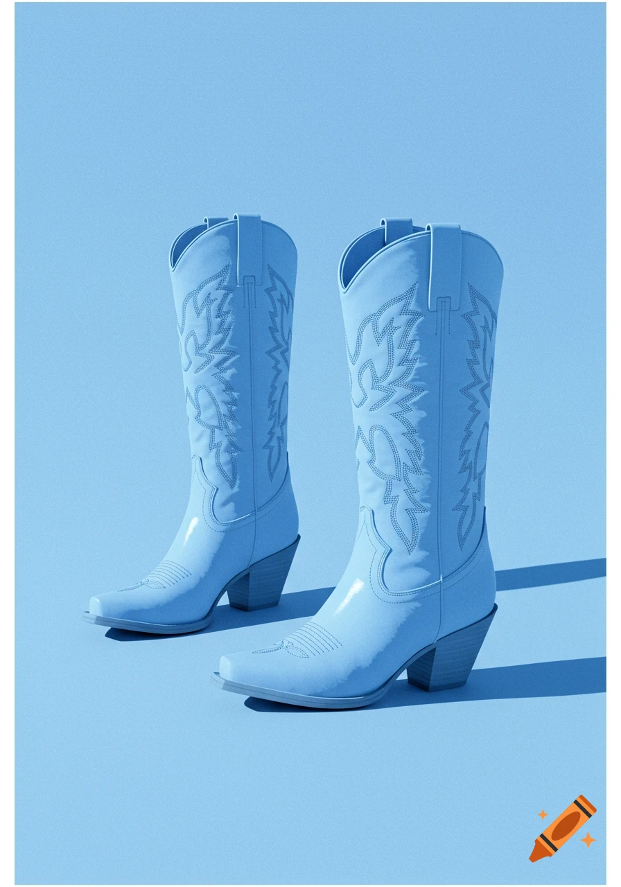 Two baby blue monochrome cowgirl boots on a matching blue background.