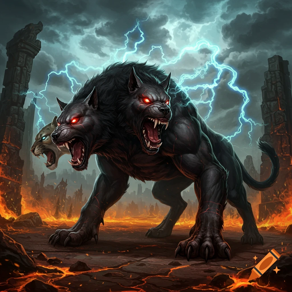 A three-headed Cerberus-like beast with glowing red eyes and bared fangs stands on scorched earth with lightning overhead, in a dark fantasy art style.