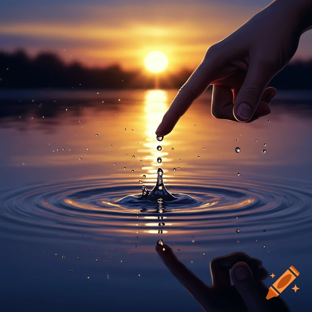 A finger gently touches water, creating ripples and falling drops, with a bright sunset reflecting on the surface.