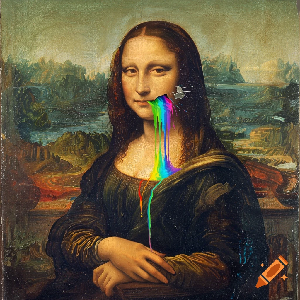 A surreal painting of Mona Lisa with rainbow colors streaming from a hole in her cheek.