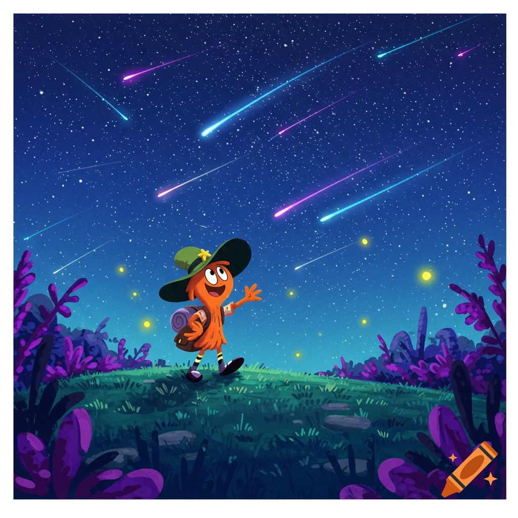 A whimsical cartoon character with a hat and backpack walks under a starry night sky filled with colorful shooting stars.