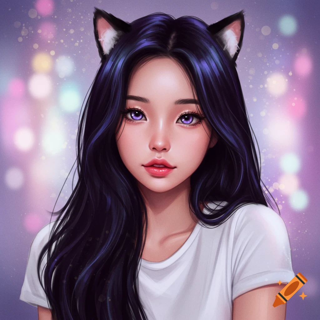 Anime-style portrait of a girl with long dark purple hair, purple eyes, and black cat ears, wearing a white t-shirt against a blurred bokeh background.