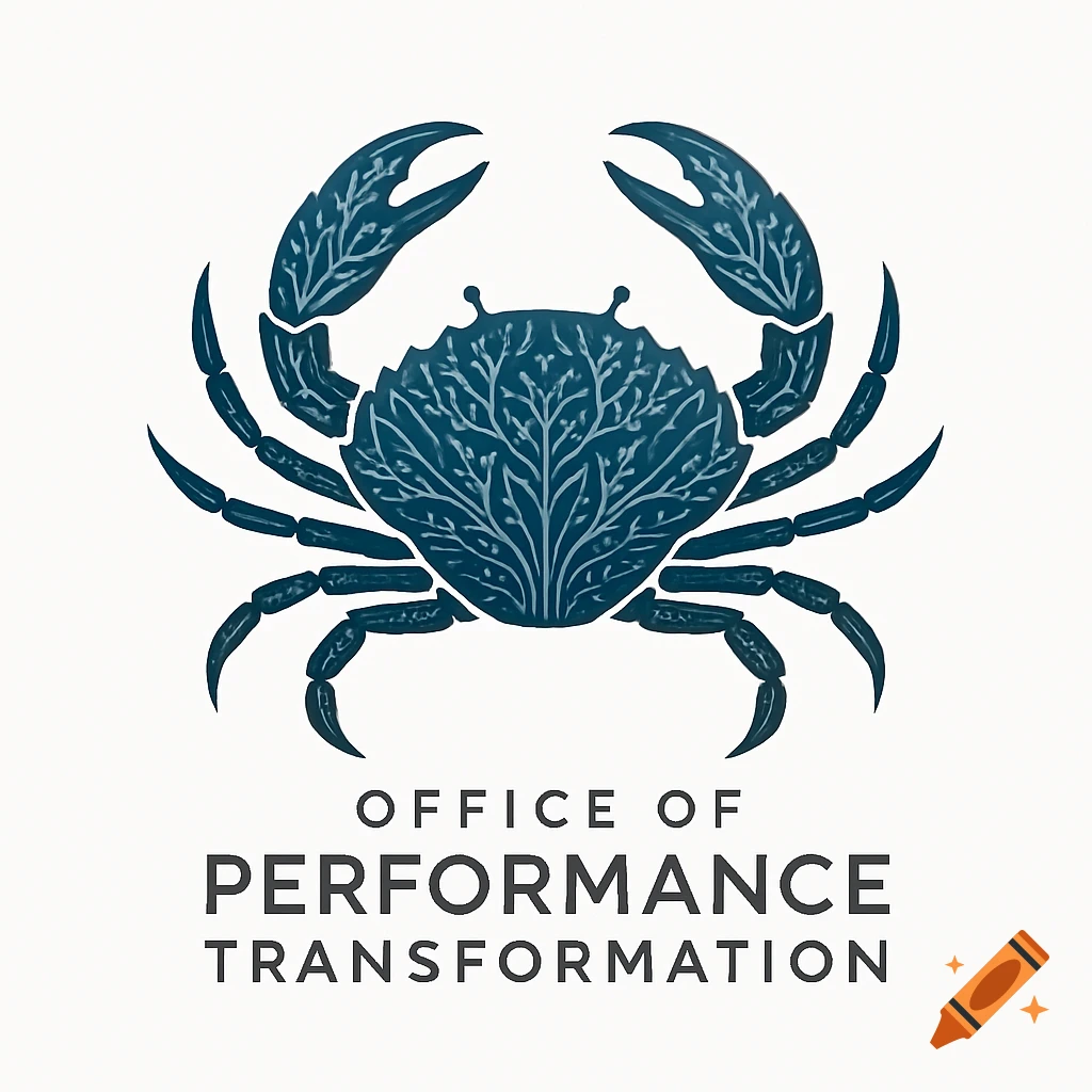 A stylized dark blue crab with fractal patterns, functioning as a logo above the text "Office of Performance Transformation."