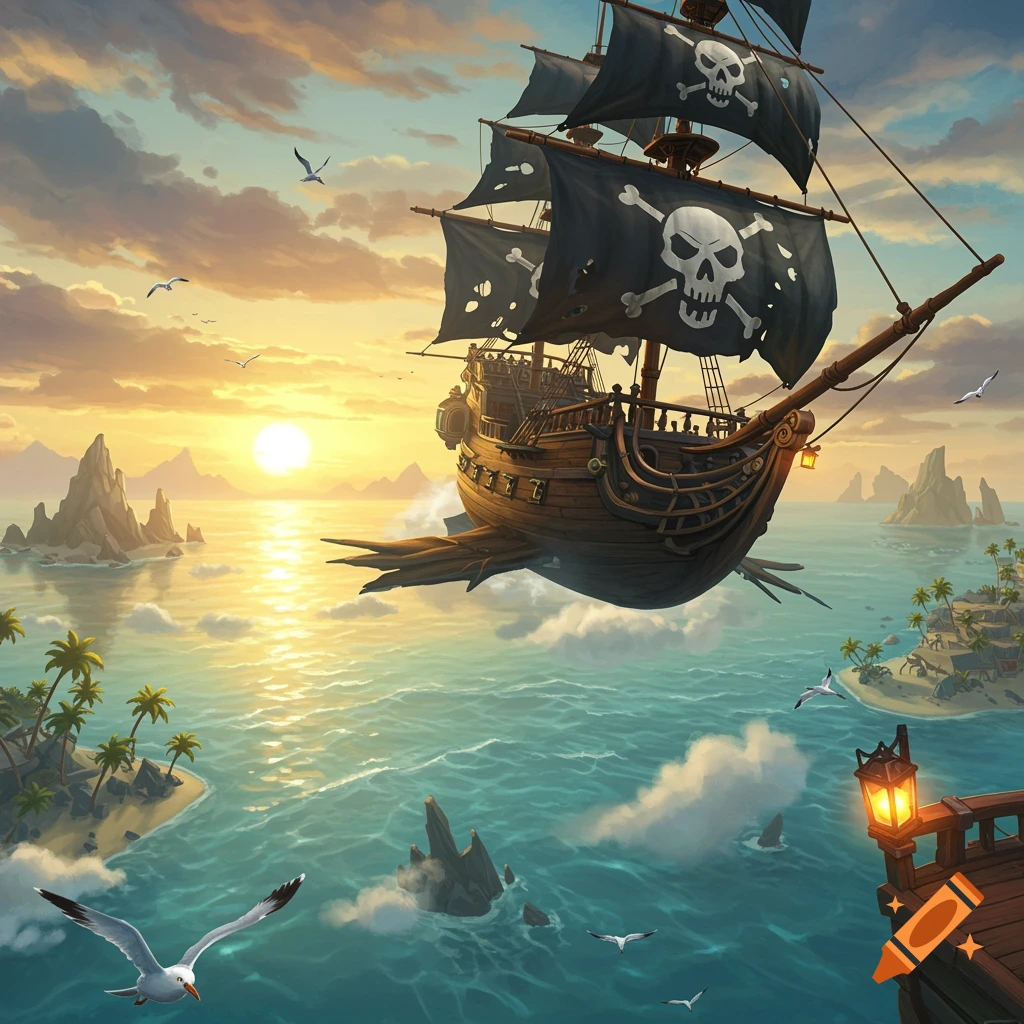 A vibrant, stylized pirate ship with skull sails flies over a tropical sea with islands at sunset.