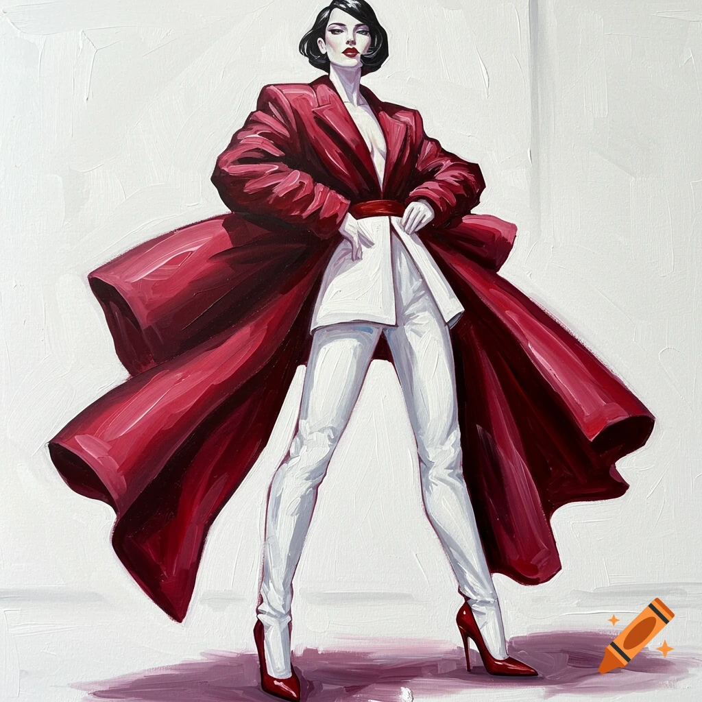 Oil painting of a stylish woman in a flowing red coat, white pants, and red heels on a white background.
