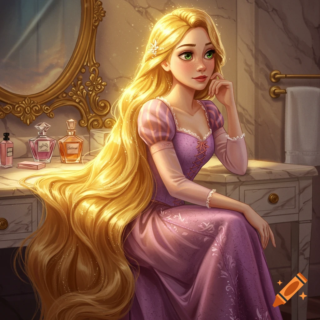 Digital painting of Rapunzel with long golden hair, sitting at a vanity in a purple dress, looking thoughtful.