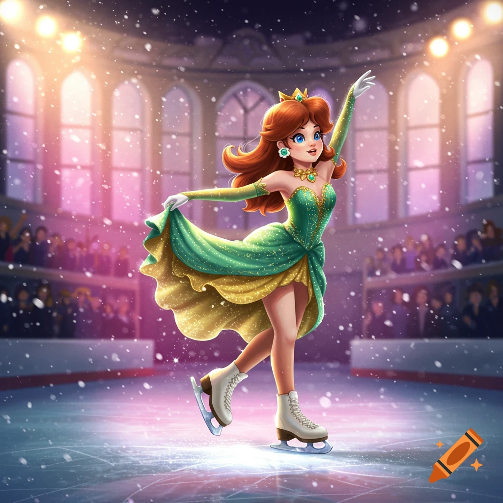 Princess Daisy ice skating in a green and gold dress on a brightly lit rink, digital illustration.