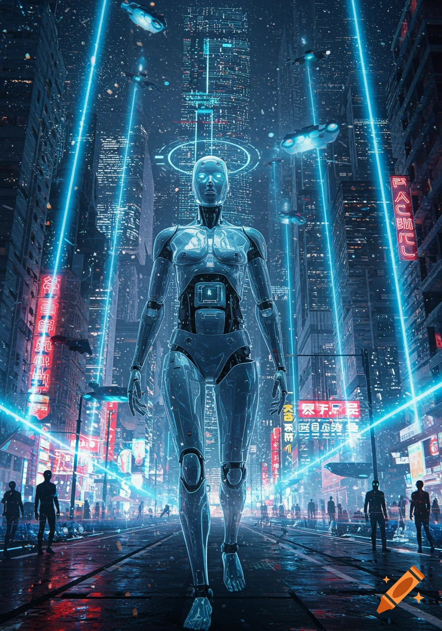 ロボット citynights A humanoid robot walks through a neon-lit futuristic city