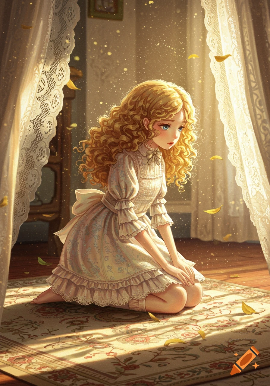 An anime illustration of a young girl with curly blonde hair kneeling in a sunlit room, with golden sparkles and leaves floating around her.