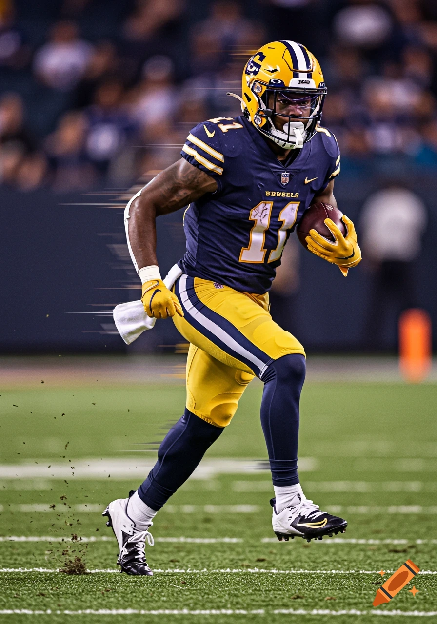 A football player in a blue and yellow uniform, number 11, runs across a green field with a football tucked under his arm during a game.