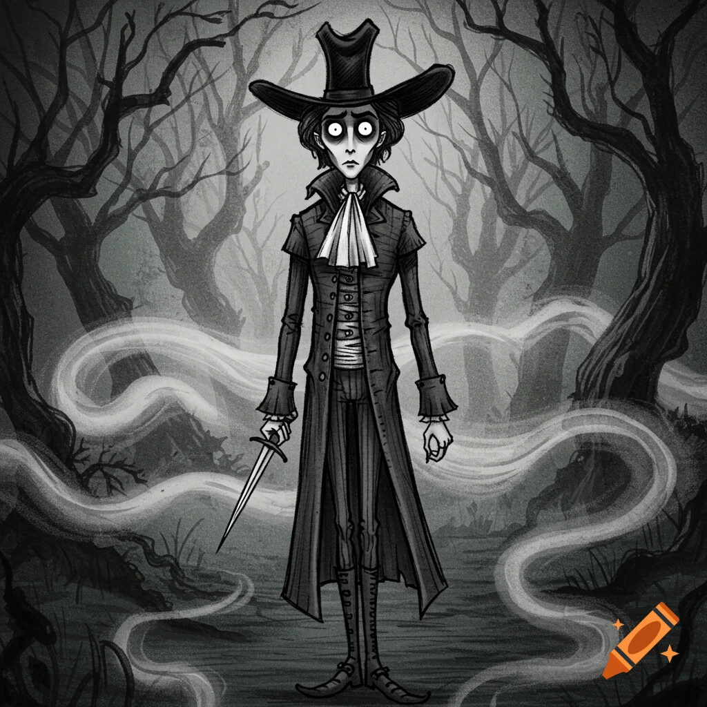 A gothic man in a tall hat and long coat holding a dagger, standing in a dark, misty forest in a sketch drawing style.
