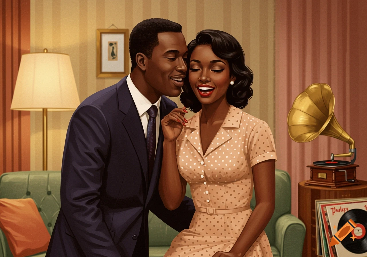 Mid-century style illustration of a Black man whispering into a Black woman's ear, both smiling, in a vintage living room.