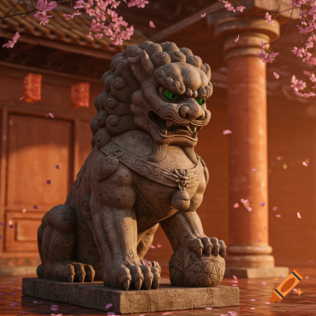 A photorealistic stone foo dog statue with glowing green eyes in front of a red traditional building, with pink cherry blossoms and petals.
