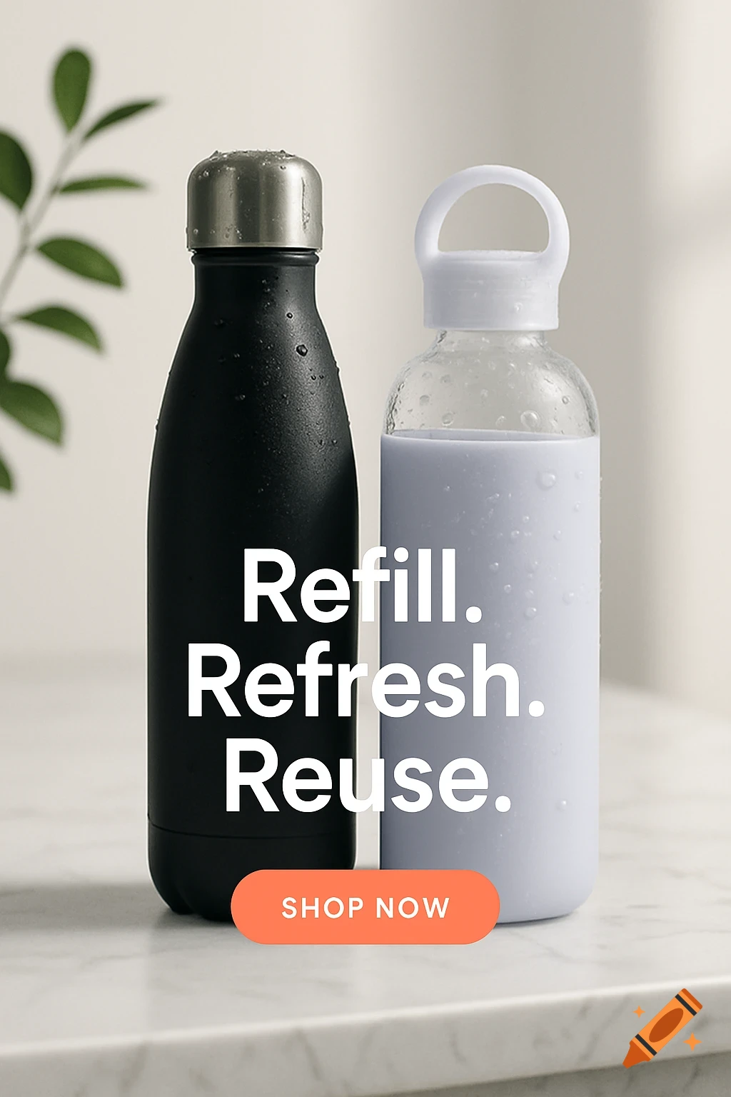 A black stainless steel water bottle and a clear glass bottle with a lavender sleeve, both covered in water droplets, stand on a marble counter. Text reads "Refill. Refresh. Reuse." with a "SHOP NOW" button.