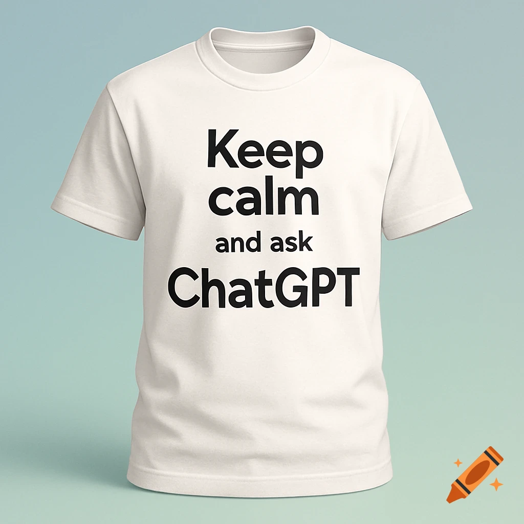 A white t-shirt with 'Keep calm and ask ChatGPT' printed in black letters, displayed against a blue-green background.