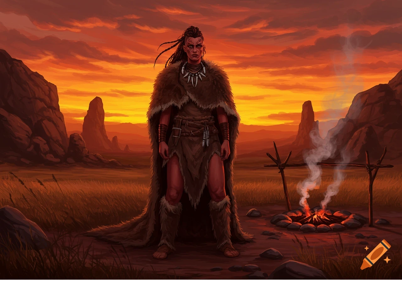 A powerful prehistoric woman in fur clothing stands in a rugged landscape at sunset near a campfire. Digital art.