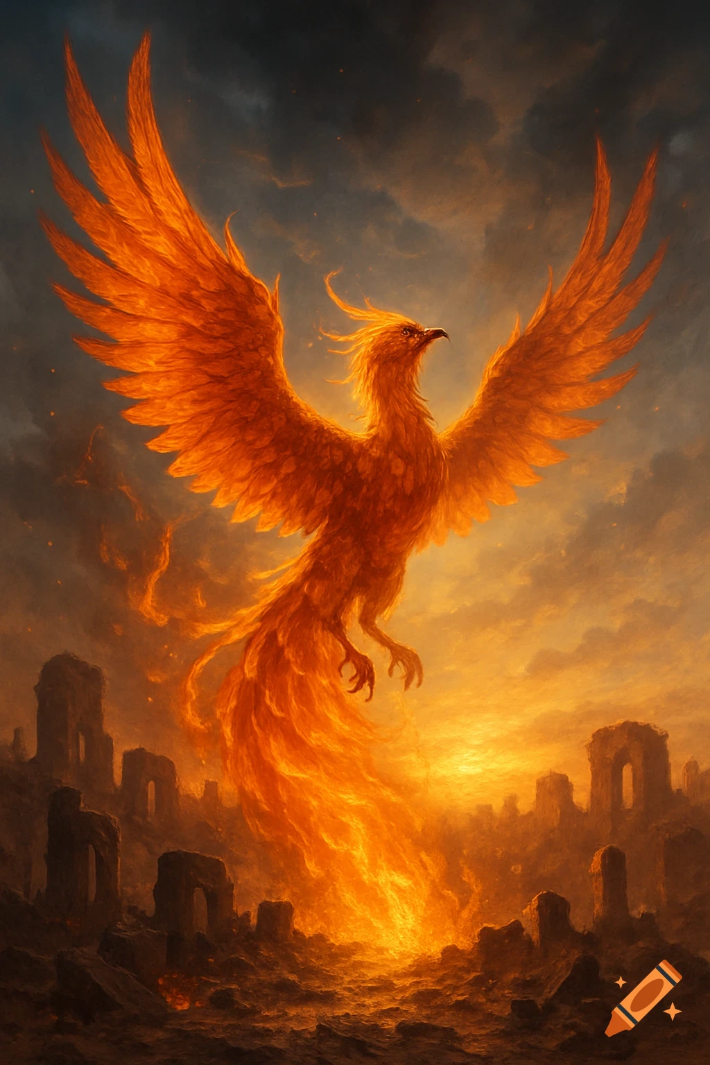 A vibrant orange phoenix with wide wings soars upward over fiery, crumbling ruins under a dramatic sky, glowing intensely.