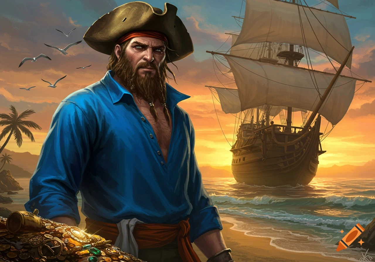 A bearded pirate in a blue shirt stands on a sandy beach next to a treasure pile, with a tall ship sailing behind him at sunset, in a digital painting style.
