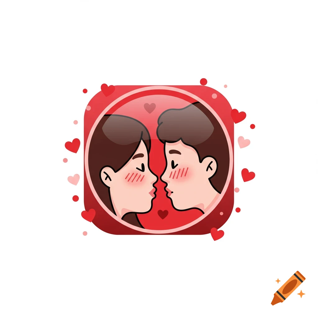 Cartoon illustration of a man and woman leaning in for a kiss in a red heart-filled circle, stylized as an icon.