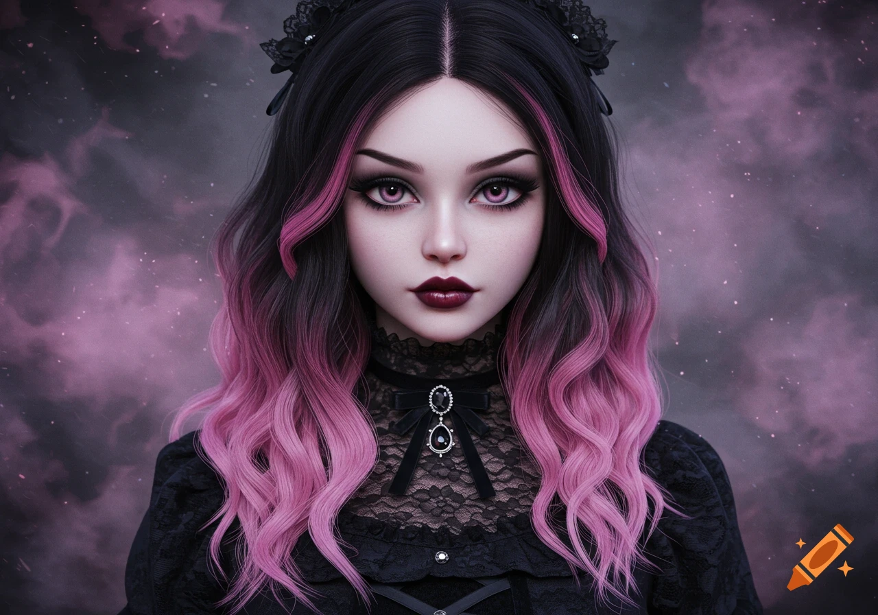 A close-up portrait of a stylized gothic girl with long black hair with pink streaks, dark makeup, and a black lace dress against a dark, cloudy background.