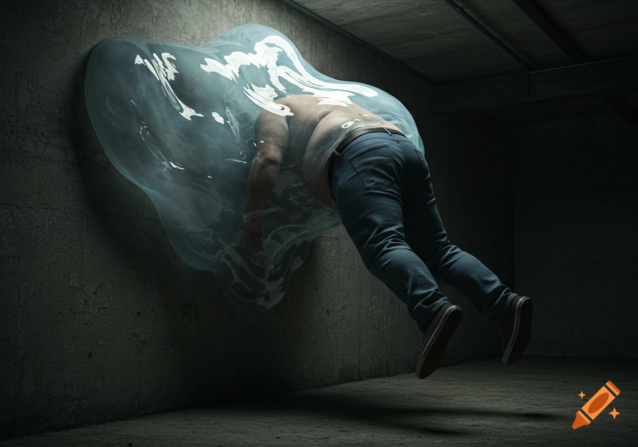 An overweight man wearing jeans is being swallowed by a large, translucent blue slime creature clinging to a dark concrete wall.
