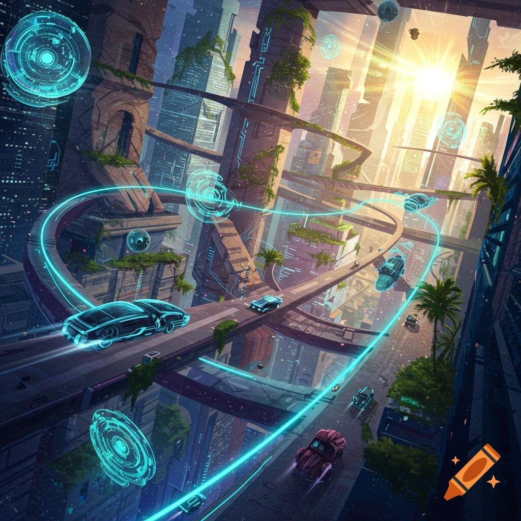 A vibrant, futuristic cityscape at sunset, with elevated roads, flying cars, glowing neon lines, and overgrown buildings.
