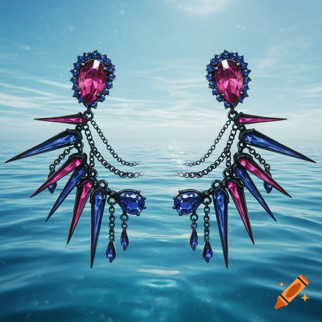 Two ornate, spike-adorned earrings with pink and blue gems floating above a blue ocean surface.