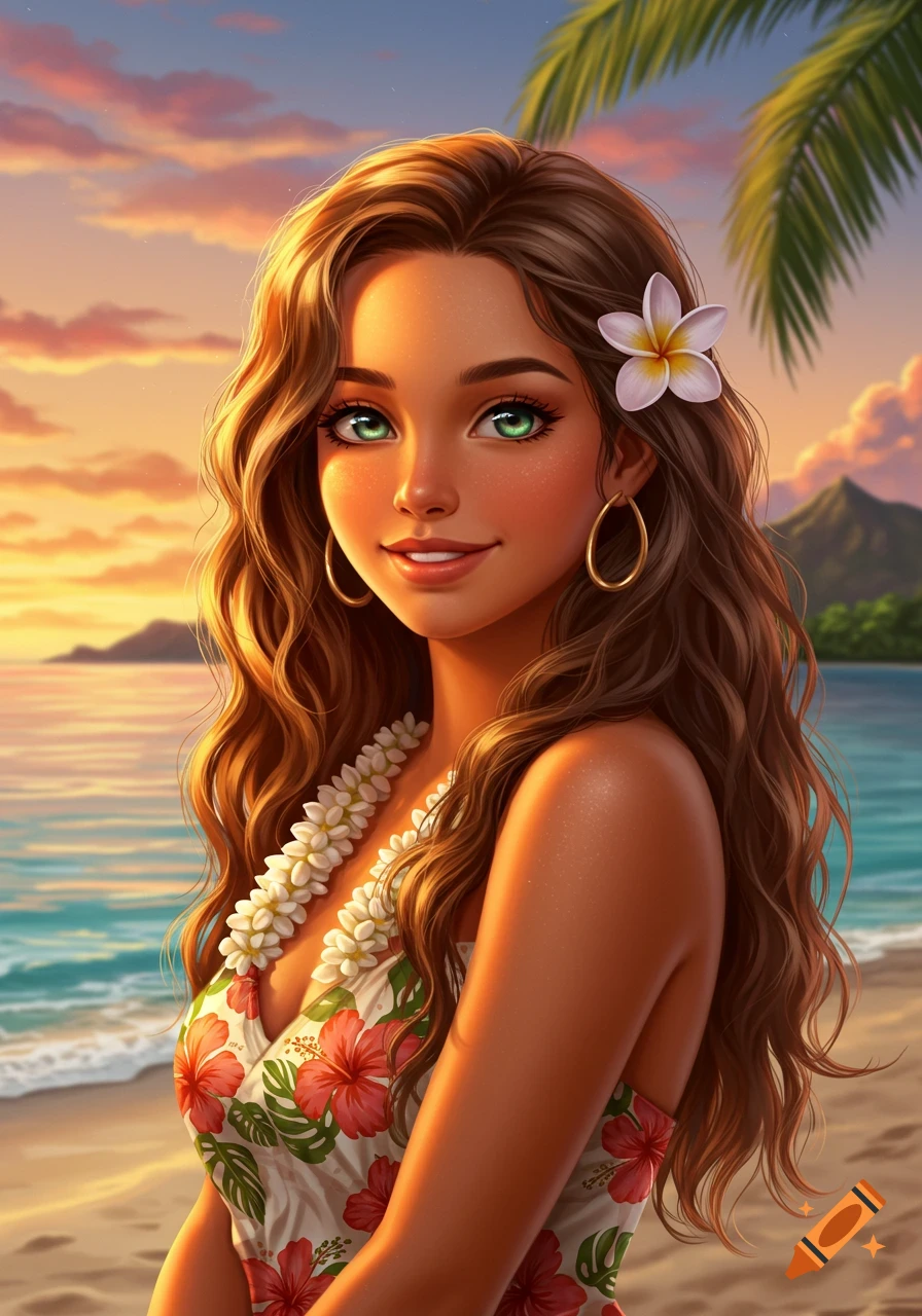 An anime-style portrait of a young woman with green eyes, wearing a tropical dress and lei, on a beach at sunset.