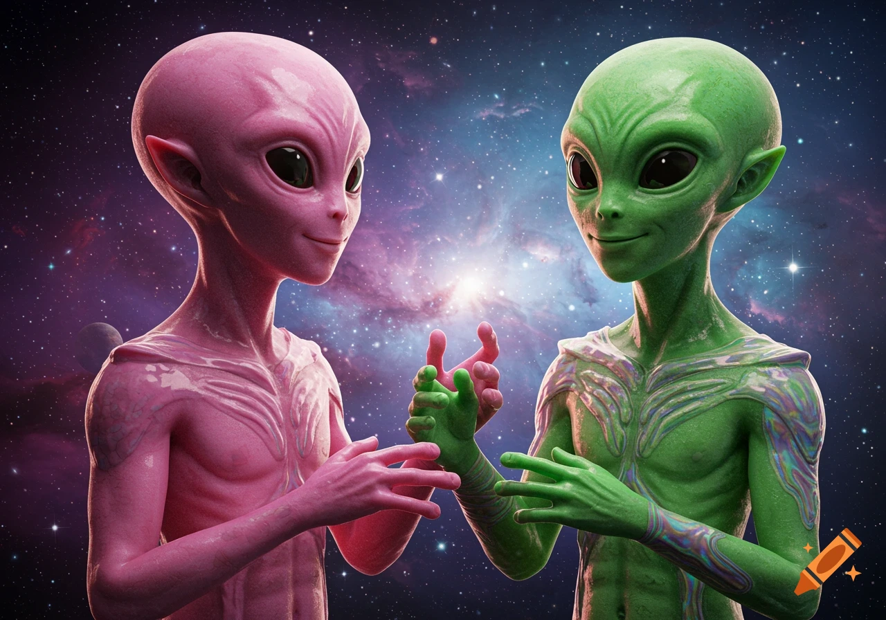 Two friendly, realistic aliens, one pink and one green, interact with their hands against a starry cosmic background with nebulae.