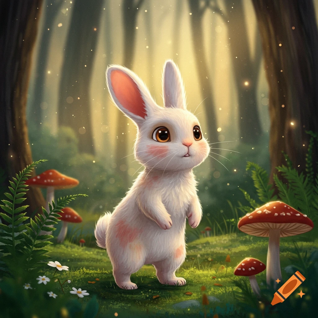 A cute white cartoon rabbit with pink cheeks stands in an enchanted forest with glowing lights, mushrooms, and ferns.