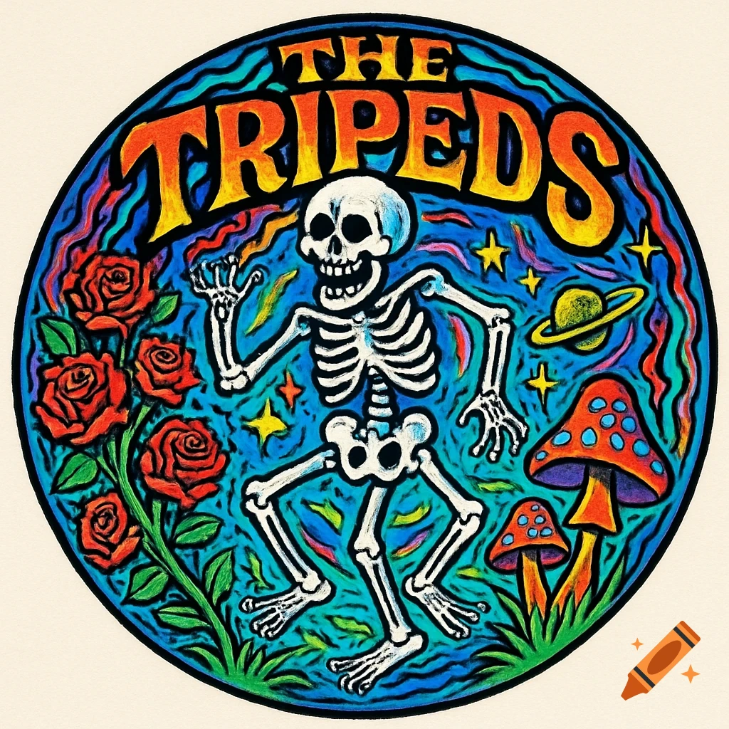 A vibrant, circular psychedelic logo featuring a three-legged skeleton dancing amidst red roses, mushrooms, and stars, with 'THE TRIPEDS' text at the top.
