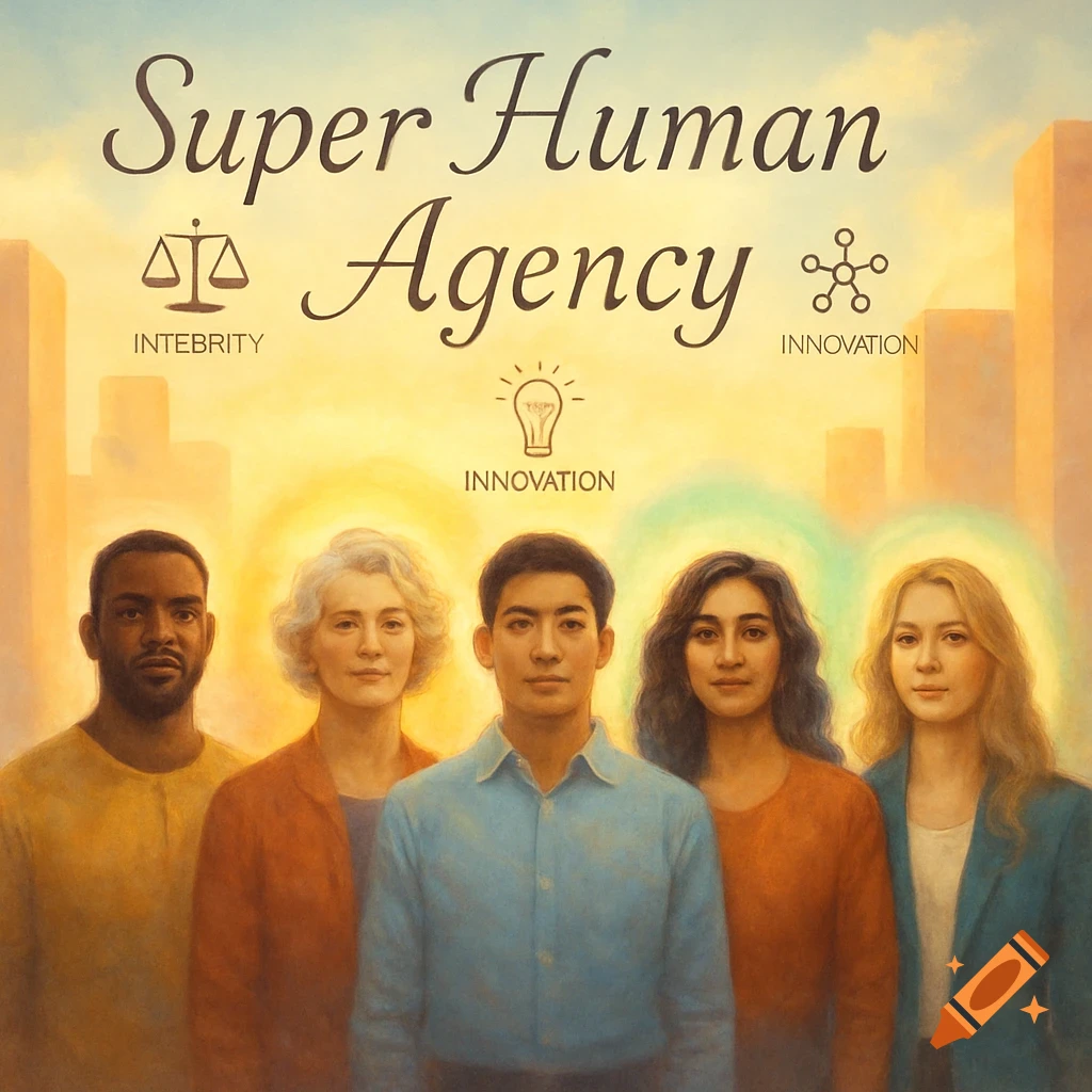 A diverse group of five people standing in front of a bright, stylized city skyline under text reading "Super Human Agency." Icons for integrity and innovation are above text.