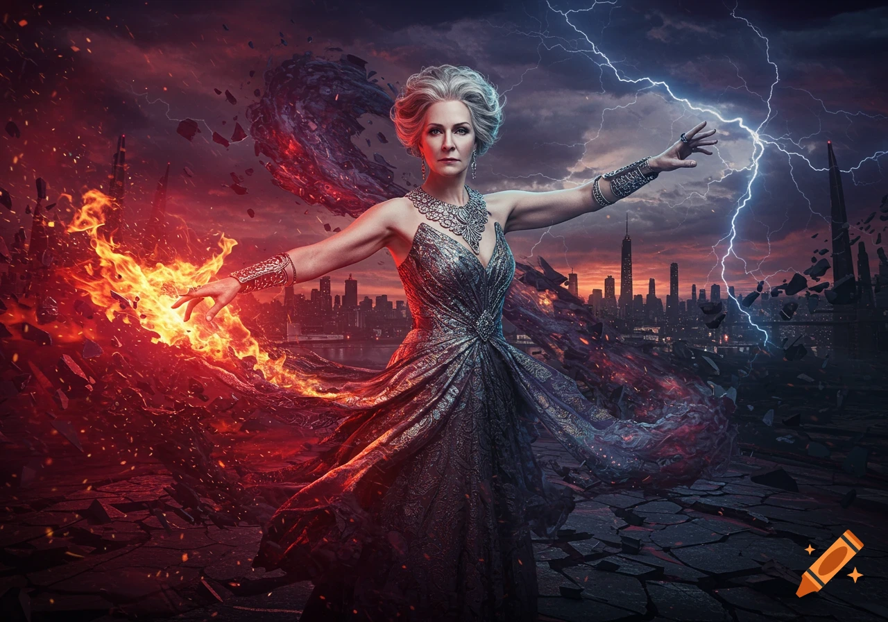 A powerful woman with white hair, generating fire and lightning over a crumbling cityscape under a stormy sky, photorealistic style.