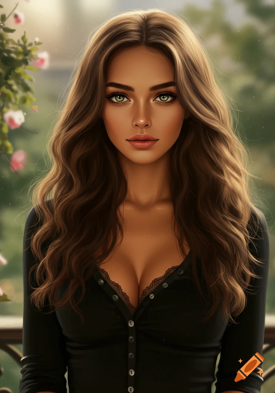 A photorealistic portrait of a woman with long wavy brown hair, green eyes, and olive skin, wearing a low-cut black top, with a blurred outdoor background.