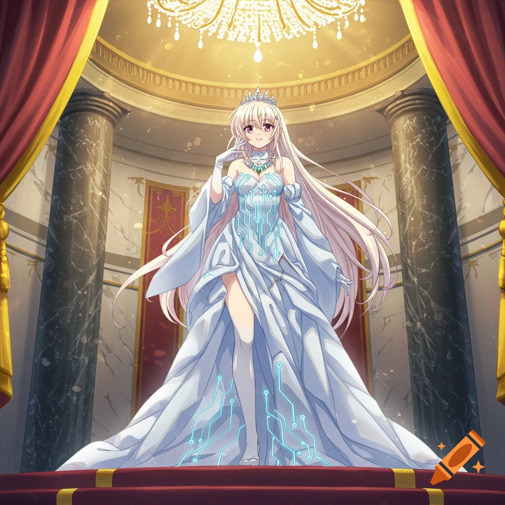 An anime princess with long blonde hair and a crown stands in a grand hall, wearing a white gown adorned with blue circuit patterns.