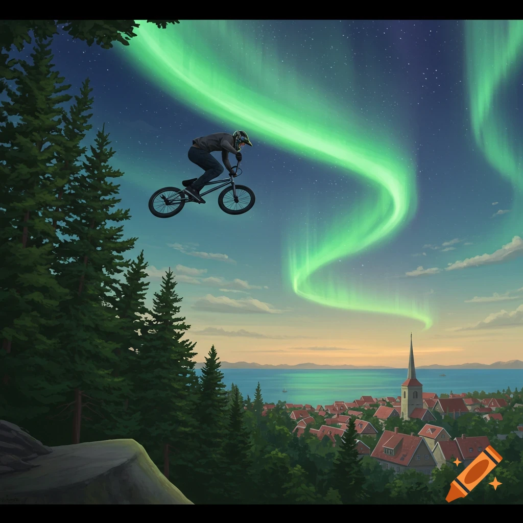 An illustrated scene of a BMX rider jumping high over a town with a church steeple and water, under a night sky with green aurora borealis and pine trees.
