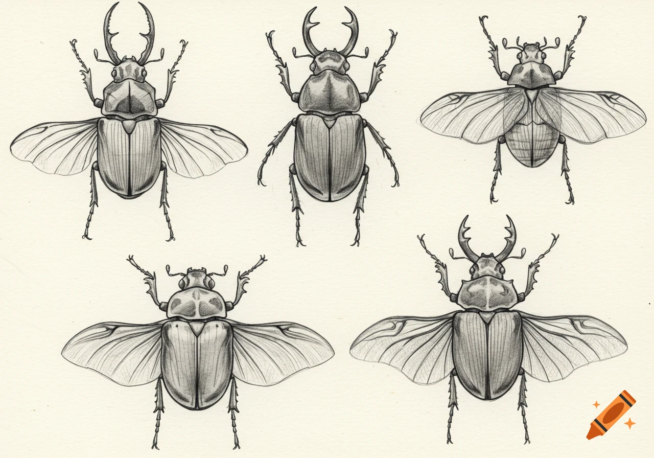 Pencil sketches of five beetles, some with open wings, on a light background.