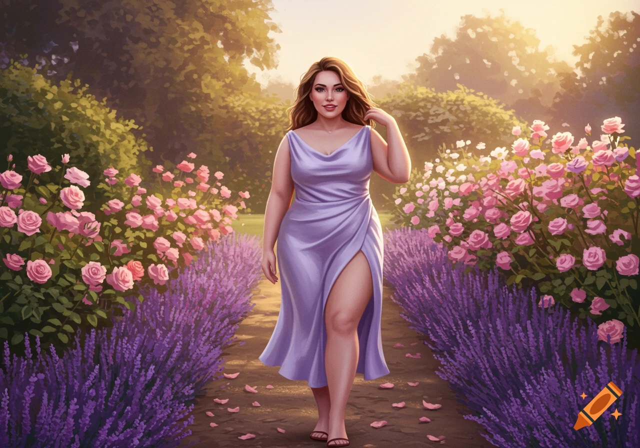 A woman in a light purple dress with a slit walks down a path bordered by purple lavender and pink roses in a sunlit garden, digital painting.
