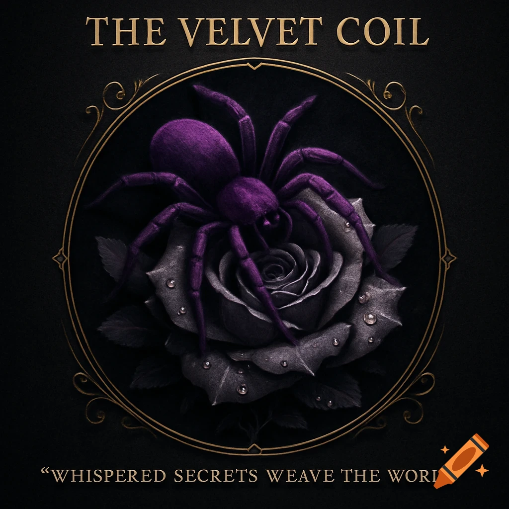 A vibrant purple spider rests on a dark, dewy rose, framed by an ornate gold border. Text reads "THE VELVET COIL" and "WHISPERED SECRETS WEAVE THE WORLD."
