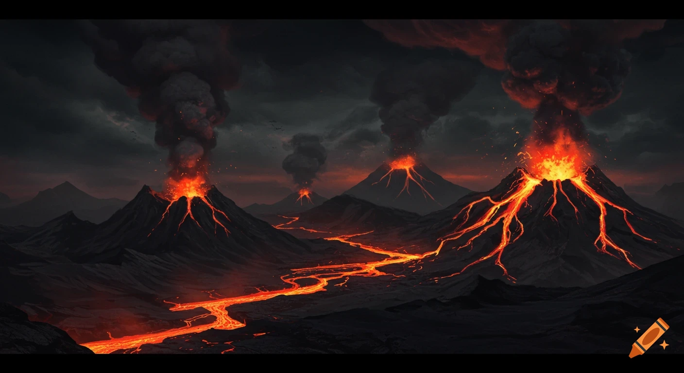 Multiple volcanoes erupting, with rivers of glowing lava flowing across a dark, mountainous landscape under smoky skies.