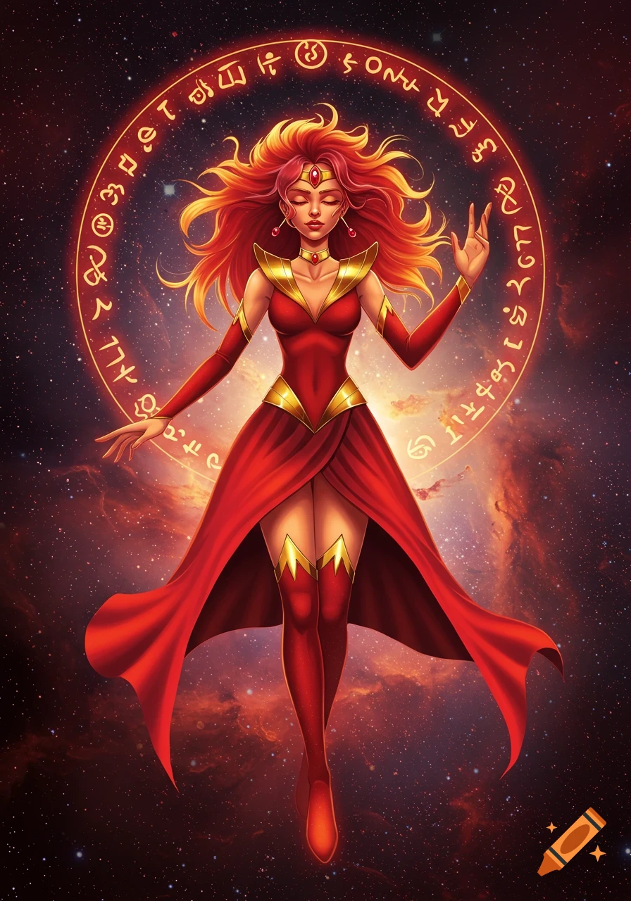 An anime-style female character with fiery red hair and a red and gold dress floats in space, surrounded by a glowing ring of symbols.
