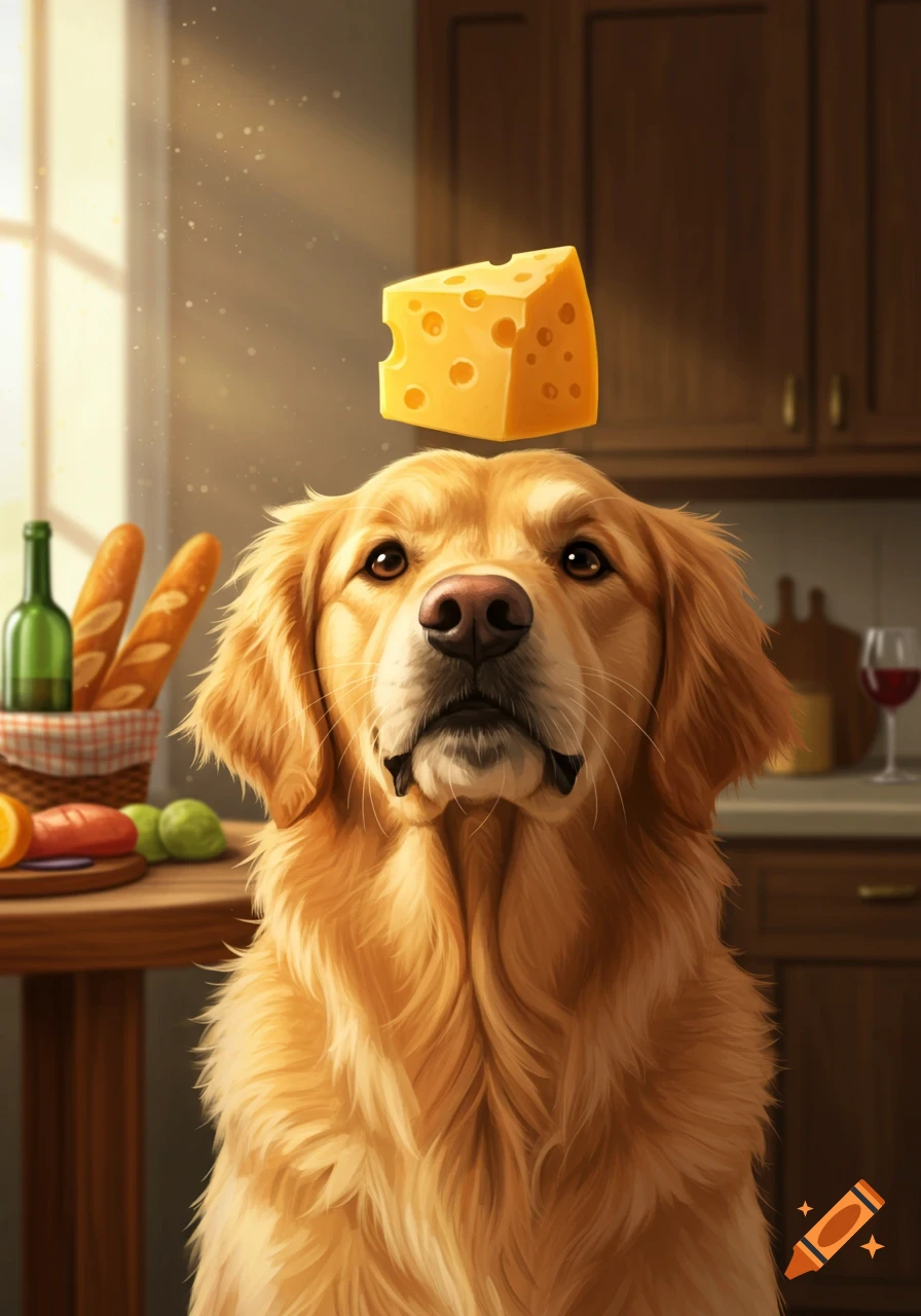 A golden retriever sits in a kitchen with a floating piece of cheese above its head, looking upwards.