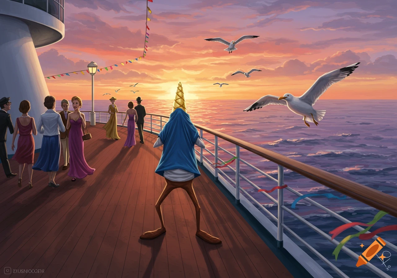 A cartoon character resembling Cornholio with a golden horn stands on a cruise ship deck at sunset, with other passengers and seagulls flying over the ocean.